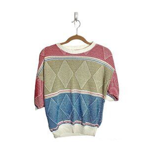 Vintage Geometric Retro Textured Half Sleeve Sweater, 80s, women's size M-L